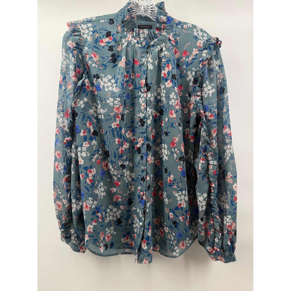 Ann Taylor Womens Teal Pink Floral Ruffle Neck Long Sleeve Blouse Size M